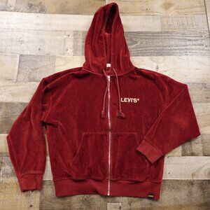 Levi’s Velour Zip-Up Hoodie Women’s XS Burgundy Red Plush Lounge Casual
